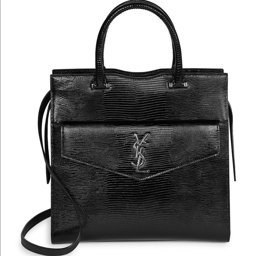 YSL Med Uptown Lizard-Embossed Leather Satchel